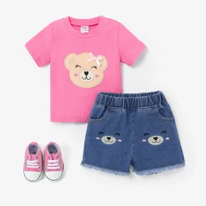 Baby Girl Sweet Embroidered Bear Print Tee amd Denim Shorts Set #1320784
