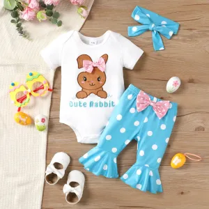 Baby Girls'  Easter Animal Pattern Bunny Embroidered Bodysuits and Ruffle Edge Pants Headband Set #1323992