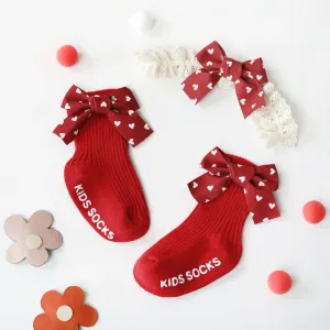 Baby Heart Print Bow Decor Socks and Headband Set