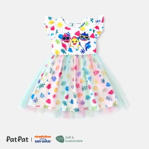 Baby Shark Toddler Girl Character Print Bow Decor/Mesh Overlay Dress #915071