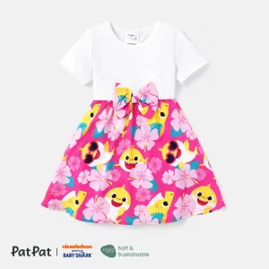 Baby Shark Toddler Girl Character Print Bow Decor/Mesh Overlay Dress #915073