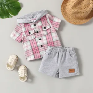 Baby/Toddler Boy 2pcs Plaid Print Hooded Shirt and Shorts Set #1338139
