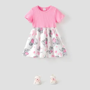 Baby/Toddler Girl Elephant Print Ribbed Splice Short-sleeve Dress #841926