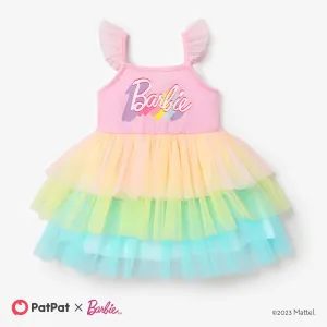 Barbie 1pc Baby/Toddler Girls Letter Gradient Rainbow Mesh Ruffled Dress #1326800