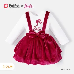 Barbie 2pcs Baby Girl Christmas Long-sleeve Graphic Romper and Layered Velvet Suspender Skirt Set #1083703