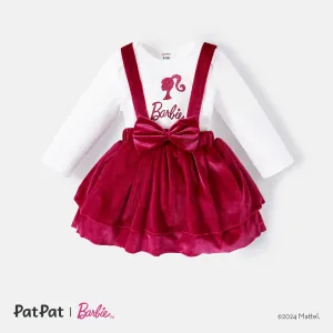 Barbie 2pcs Baby Girl Christmas Long-sleeve Graphic Romper and Layered Velvet Suspender Skirt Set #1083706