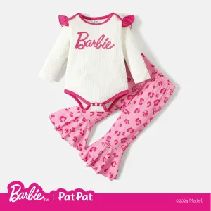 Barbie 2pcs Baby Girl Letter Graphic Ruffle Long-sleeve Ribbed Romper and Allover Print Flared Pants Set #215989