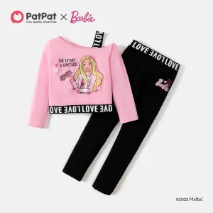 Barbie 2pcs Kid Girl Character Letter Print Strap Long-sleeve Tee and Black Cotton Leggings Set #208508