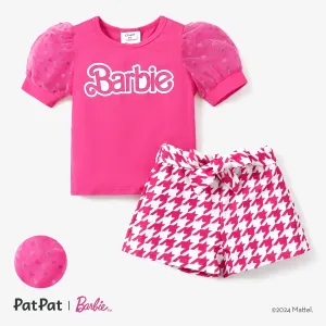Barbie 2pcs Toddler/Kids Girls Checkered/Plaid Puff-sleeve Bowknot Set
