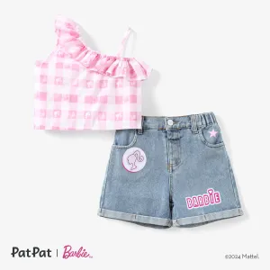 Barbie 2pcs Toddler/Kids Girls One-shoulder Checkered/Plaid Tank Top with Denim Shorts Set