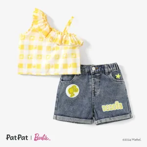 Barbie 2pcs Toddler/Kids Girls One-shoulder Checkered/Plaid Tank Top with Denim Shorts Set