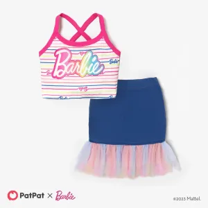 Barbie 2pcs Toddler/Kids Girls Rainbow Suspender Stripe Letter Gradient Cropped Top Paired with Knitted Denim Hip Skirt sets #1326812