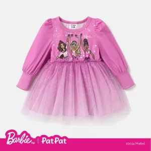 Barbie Baby/Toddler Girl Figure Print Long-sleeve Mesh Panel Dress #1055207