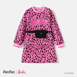 Barbie Kid Girl Leopard Print/Colorblock Waist Bag Design Sweatshirt Dress #211552