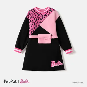 Barbie Kid Girl Leopard Print/Colorblock Waist Bag Design Sweatshirt Dress #989124