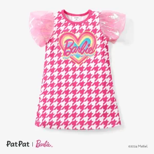 Barbie Kids/Toddler Girls Mother's Day Glossy Color Mesh Puff Sleeve Petite Houndstooth Dress