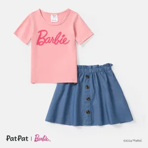 Barbie Mommy and Me Short-sleeve Letter Print Tee and Imitation Denim Skirt Sets