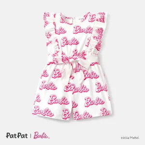 Barbie Toddler Girl Cotton Letter Print Ruffled Belted Rompers #786211