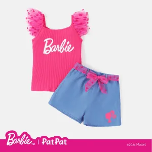 Barbie Toddler/Kid Girl 2pcs Letter Print Polka Dots Mesh Sleeve Ribbed Top and Belted Shorts Set