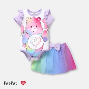 Care Bears 2pcs Baby Girl Bear Print Ruffle Short-sleeve Naiaâ¢ Romper and Rainbow Ombre Skirt Set #236590