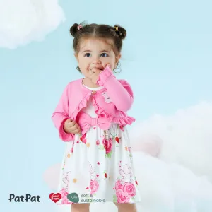Care Bears 2pcs Baby/Toddler Girl Cotton Long-sleeve Ruffle Trim Cardigan and Floral Print Tank Dress Set #825461