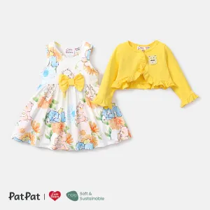 Care Bears 2pcs Baby/Toddler Girl Cotton Long-sleeve Ruffle Trim Cardigan and Floral Print Tank Dress Set #825466
