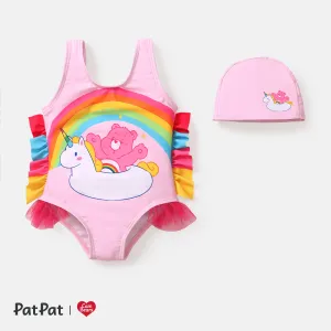 Care Bears Baby Girl 2pcs Bear Print Colorful Ruffle Trim One-piece Swimsuit & Cap Set #807806