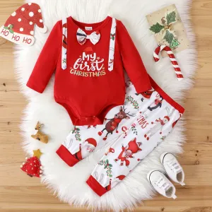 Christmas 2pcs Baby Boy Long-sleeve Letter Graphic Gentleman Romper and Allover Print Pants Set #815750