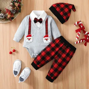 Christmas 3pcs Baby Boy 95% Cotton Long-sleeve Santa Badge Bow Tie Romper and Red Plaid Pants with Hat Set #1055447