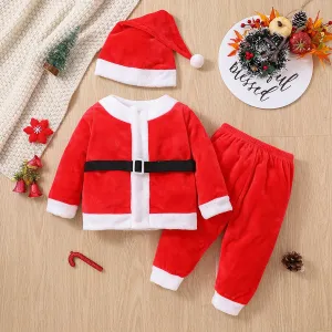 Christmas 3pcs Baby Boy/Girl Red Fleece Long-sleeve Santa Outfits Set