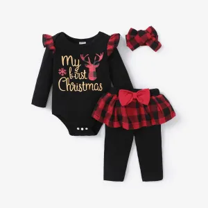 Christmas 3pcs Baby Girl 95% Cotton Ruffle Long-sleeve Graphic Black Romper and Plaid Spliced Pants with Headband Set #1055490