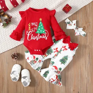 Christmas 3pcs Baby Girl Xmas Tree & Letter Print Rib Knit Long-sleeve Romper and Flared Pants with Headband Set #1012055
