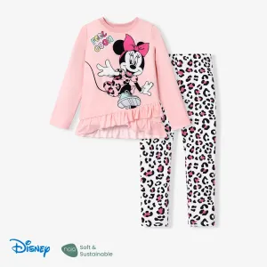 Disney Mickey and Friends Kid Girl 2pcs Character Print Long-sleeve Top and Leopard Print Pants Set