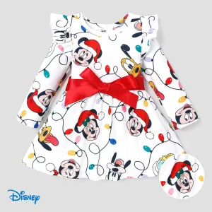 Disney Mickey and Friends Toddler Girl Christmas Full Print Bow Tie Long-sleeve Dress