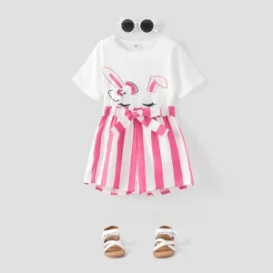 Easter 2pcs Kid Girl 3D Bowknot Design Rabbit Print Tee and Stripe Belted Shorts Set #789033