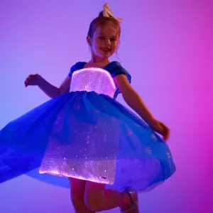 Go-Glow Light Up Blue Party Dress with Sequined Snowflake Glitter and Removable Cape Including Controller (Built-In Battery) #927633