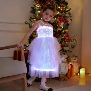 Go-Glow Light Up White Party Dress With Sequined Butterfly Including Controller (Built-In Battery) #1193173