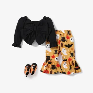 Halloween 2pcs Baby Girl Long-sleeve Bow Front Crop Top and Allover Print Flared Pants Set #995996