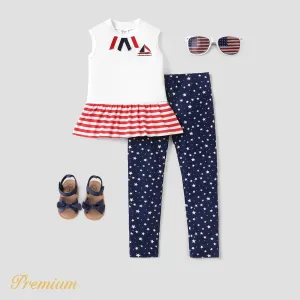 Independence Day 2-piece Kid Girl Cotton Sailboat & Letter Embroidery Striped Print Sleeveless Top and Allover Print Pants Set #908496
