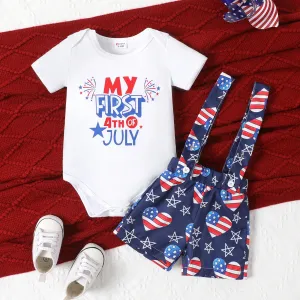 Independence Day 2pcs Baby Boy Letter Print Bodysuit and Heart Stars Print Suspender Shorts Set #1039417