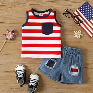 Independence Day 2pcs Baby Boy Striped Tank Top and Ripped Denim Shorts Set #910251