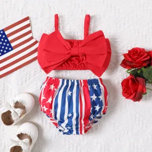 Independence Day 2pcs Baby Girl 100% Cotton Bow Decor Slip Top and Frill Trim Shorts Set #1034599