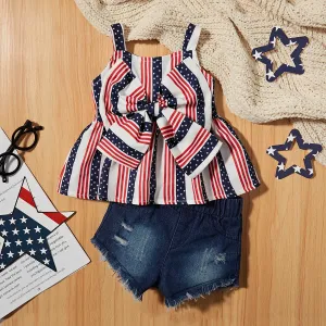 Independence Day 2pcs Baby Girl Bow Front Stripe Cami Top and Raw Hem Ripped Denim Shorts Set #1033760