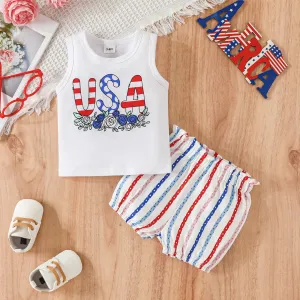Independence Day 2pcs Baby Girl/Boy 95% Cotton Letter Floral Print Tank Top and Striped Shorts Set #1042672