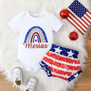Independence Day 2pcs Baby Girl Letter Graphic Short-sleeve Bodysuit and Striped Shorts Set #1041136