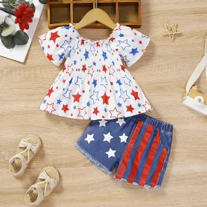 Independence Day 2pcs Baby Girl Stars Print Smocked Short-sleeve Dress and 95% Cotton Shorts Set