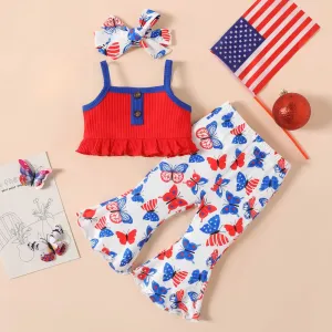 Independence Day 3pcs Baby Girl Cotton Ribbed Camisole and Animal Butterfly Print Flared Pants & Headband Set #908509