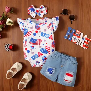 Independence Day 3pcs Baby Girl Flutter-sleeve Bodysuit & Ripped Denim Shorts & Headband Set #1038655