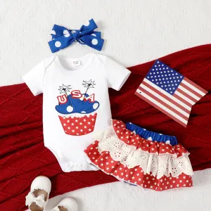 Independence Day 3pcs Baby Girl Short-sleeve Romper and Lace Ruffle Skirt & Headband Set #1038799