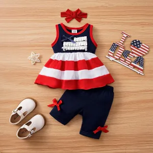Independence Day 3pcs Baby Girl Sleeveless Top and Bow Decor Pants & Headband Set #1038687